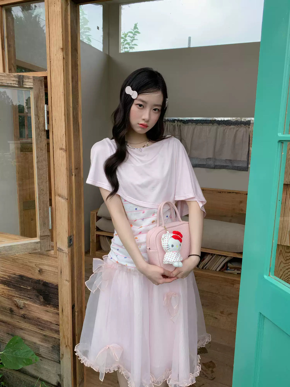 [RF] “Peach Blossom Layers” Peach Pink Striped Floral Print Short-Sleeve T-Shirt