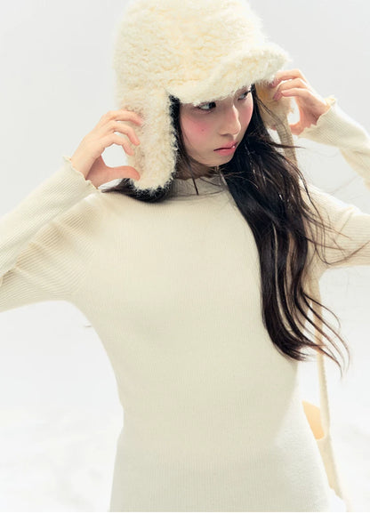 "Soft Whisper" Ruffle Mock Neck Ribbed Knit Top (Ivory/ Smoky Gray)
