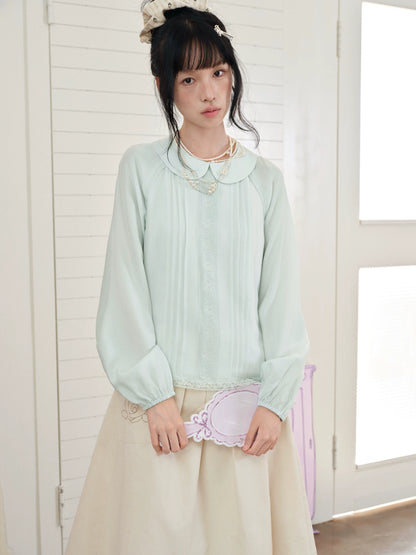 DAILY ARTIST - Mint Green Vintage Lace Doll-Collar Blouse