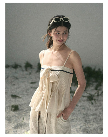 “Breeze Over Pleats” Cream Ribbon Camisole Top