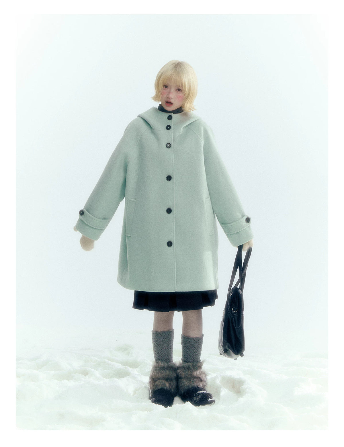 Pale Aqua Green Hooded Cocoon Wool-Blend Coat