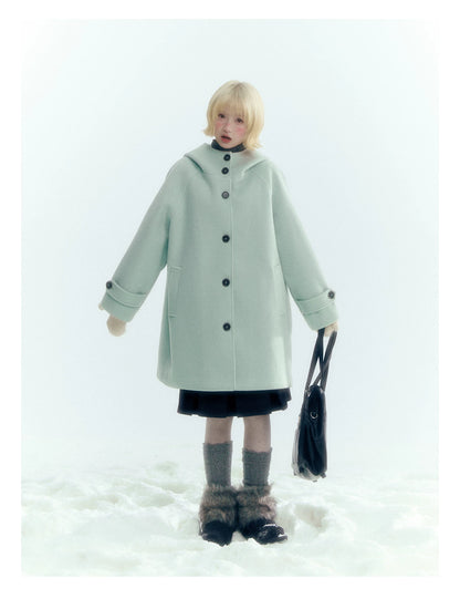 Pale Aqua Green Hooded Cocoon Wool-Blend Coat