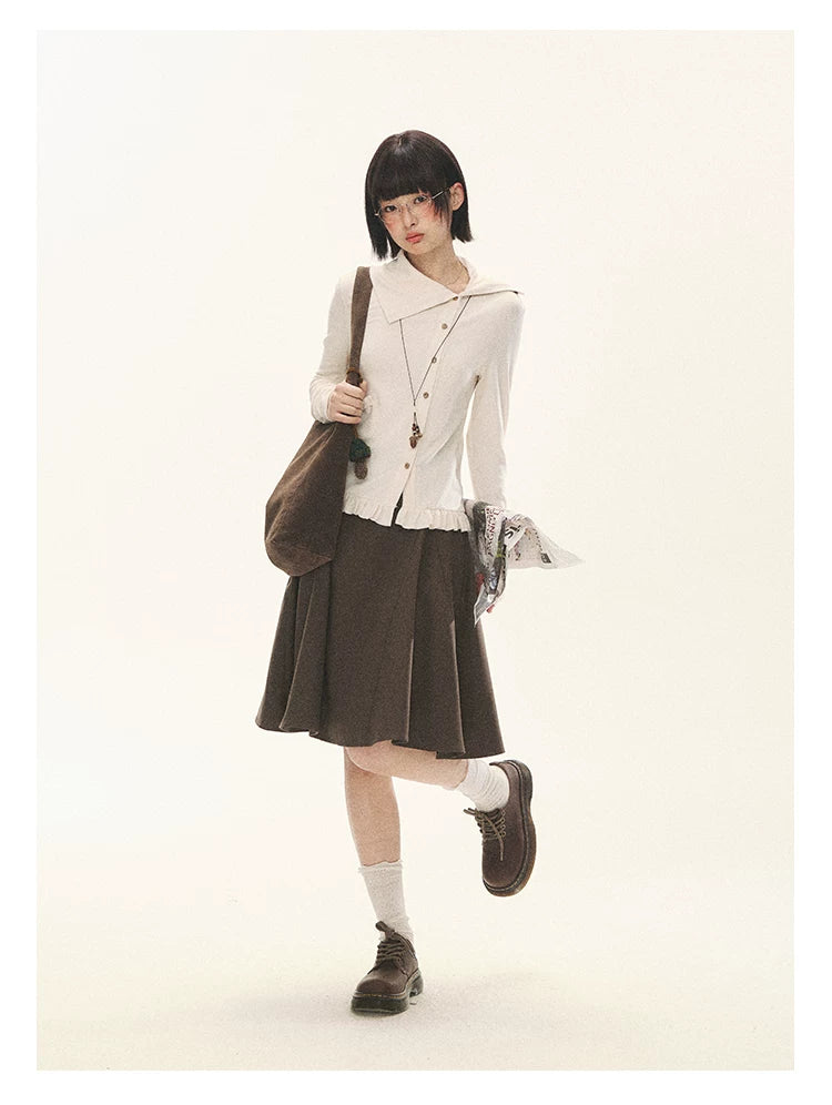 "Cotton Ruffle" Tea Apricot Asymmetric Knit Cardigan