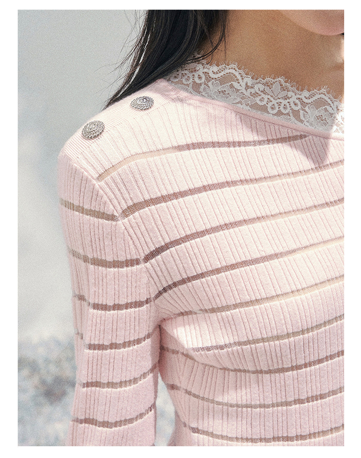 少也眼 “A Gentle Glance” One-Shoulder Lace Knit Long-Sleeve Top - Soft Pink 43552