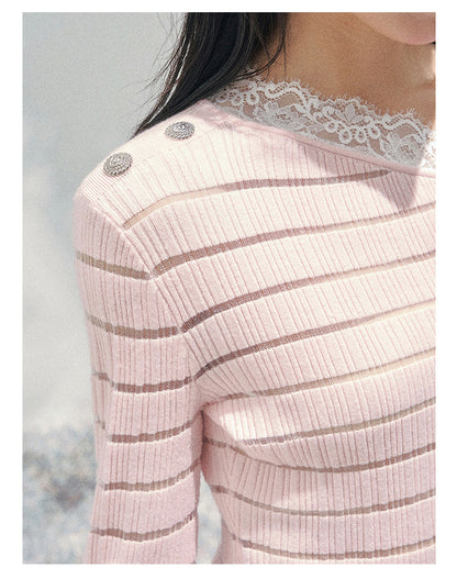 少也眼 “A Gentle Glance” One-Shoulder Lace Knit Long-Sleeve Top - Soft Pink 43552