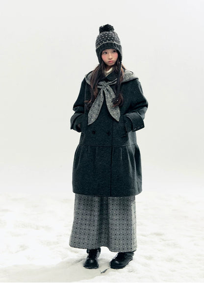"Snowfall Polka" Charcoal Polka Dot Wool-Blend Midi Skirt