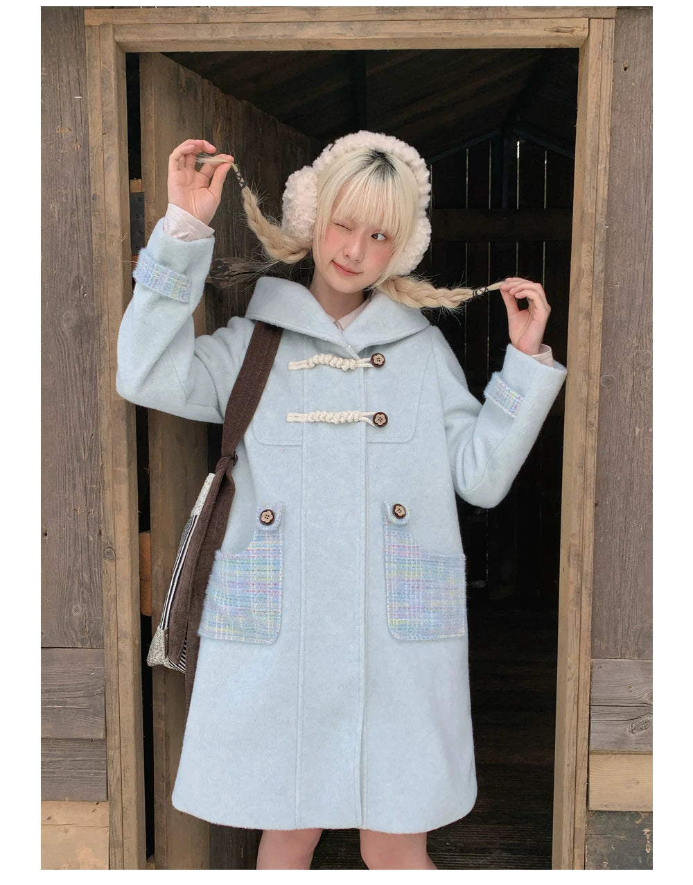 RF - Light Blue Plaid Mid-Length Wool-Blend Coat with Toggle Closures
