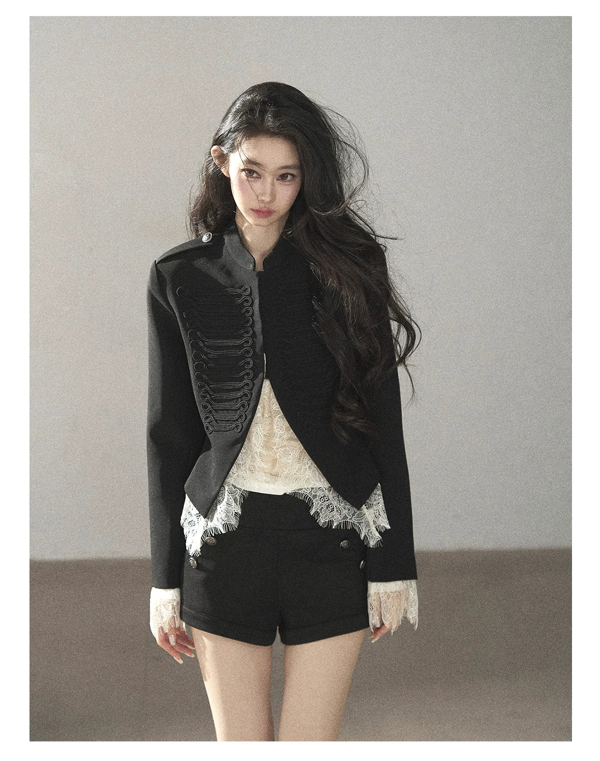 AOMALM - Black Lace Trim Cropped Jacket & Shorts Set