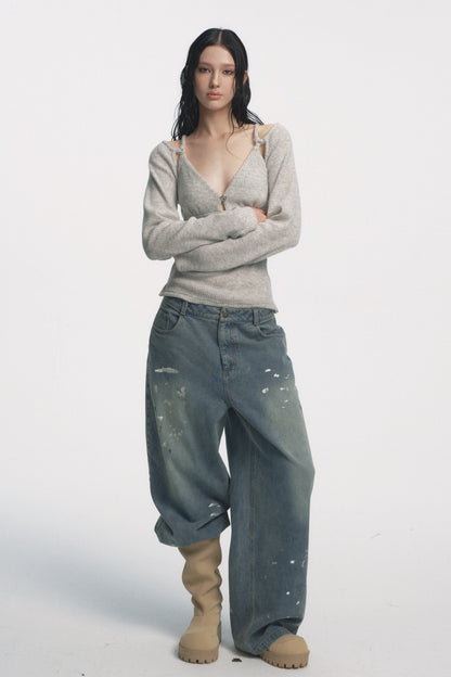 Muirgen - Gray Cut-Out Shoulder V-Neck Knit Top