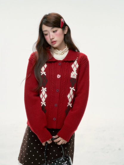 BIBIBENCY - Red Argyle Knit Cardigan with Bow Details