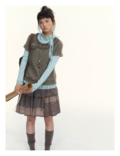 “Mint Milk Pudding” Mint Blue Lace-Trimmed Mock Neck Knit Top