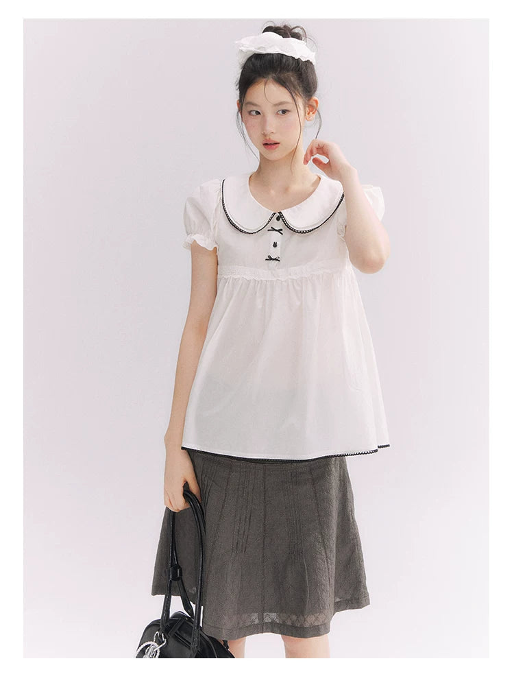 “Misty Texture” Gray Plaid Trim Embroidered A-Line Skirt