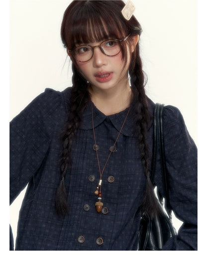 “Academy Melody” Navy Plaid & Dusty Purple Peter Pan Collar Cotton Shirt (Navy Plaid / Dusty Purple)