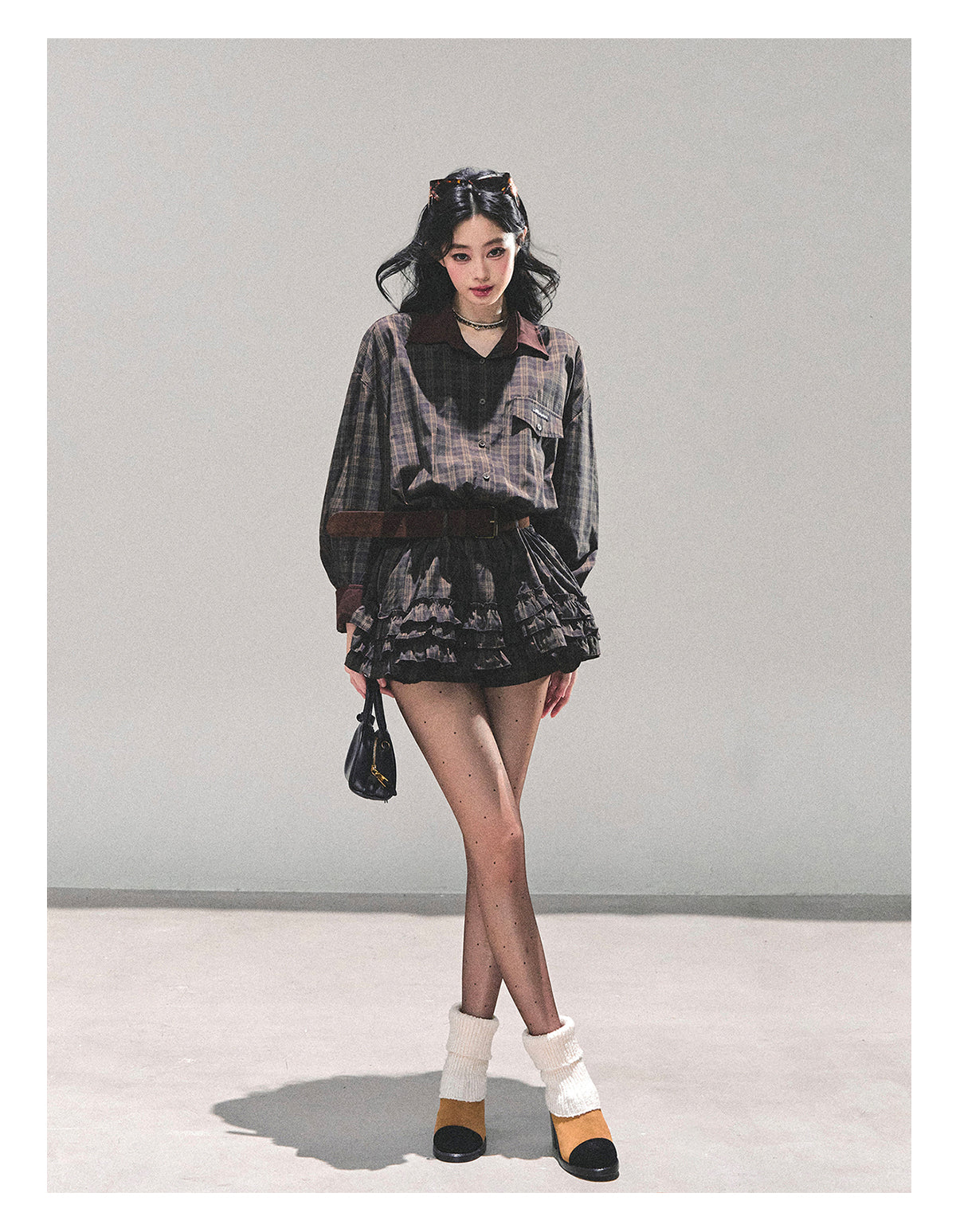 少也眼 “Trajectory of the Sunset” Plaid Polo Shirt Dress with Belt – Mocha Brown 7687648