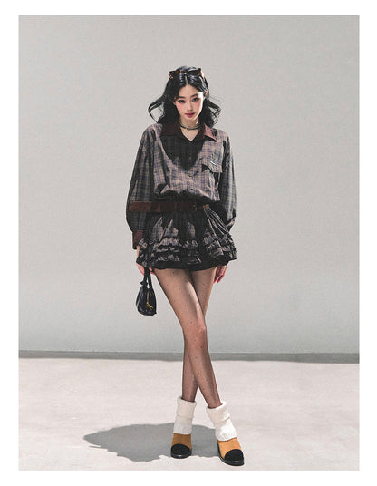 少也眼 “Trajectory of the Sunset” Plaid Polo Shirt Dress with Belt – Mocha Brown 7687648