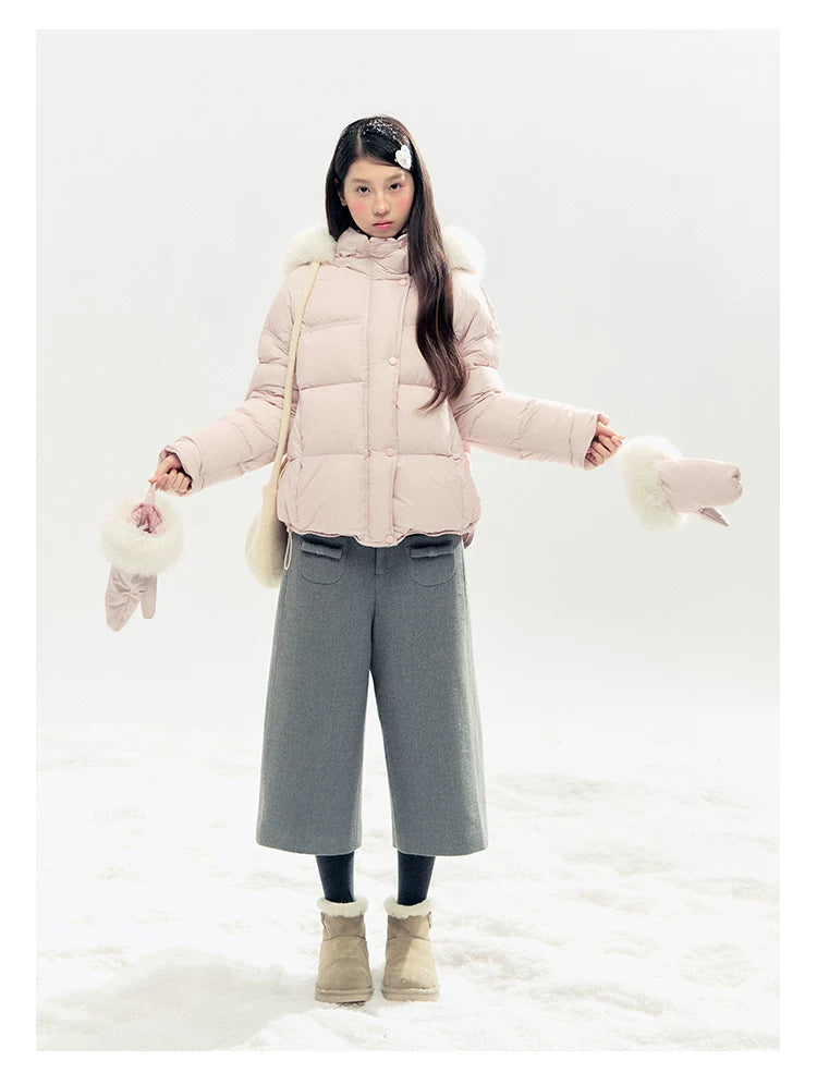 "Snowland Sprite" Peach Blush Lilac Hooded Down Jacket with Detachable Faux Fur Trim & Gloves