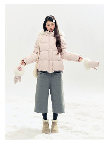 "Snowland Sprite" Peach Blush Lilac Hooded Down Jacket with Detachable Faux Fur Trim & Gloves