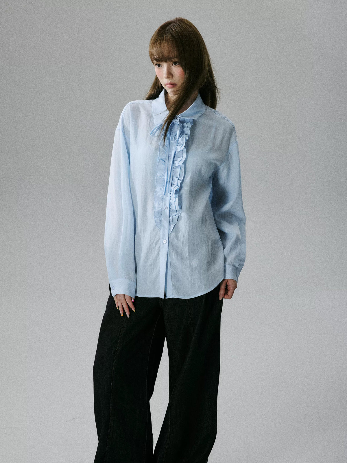LOST FOREST - Water Blue Asymmetrical Lyocell Tie-Strap Blouse with Ruffle Trim
