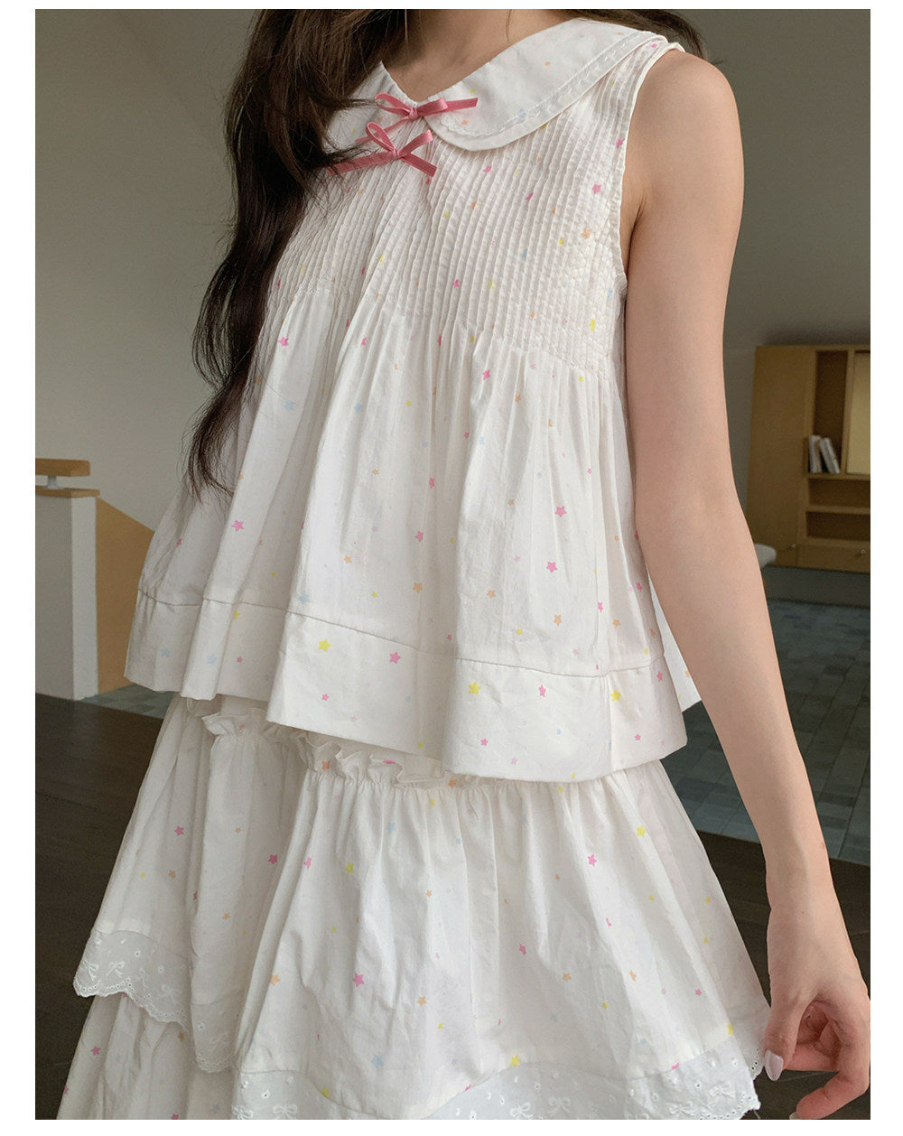 “Starfall Fairytale” White Ribbon Sleeveless Top & Layered Lace Skirt