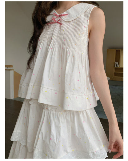 “Starfall Fairytale” White Ribbon Sleeveless Top & Layered Lace Skirt