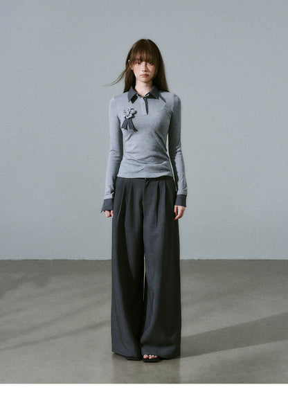 LOST FOREST - Low-Rise Triple-Pleat Wide-Leg Trousers (Black / Red Brown / Gray)