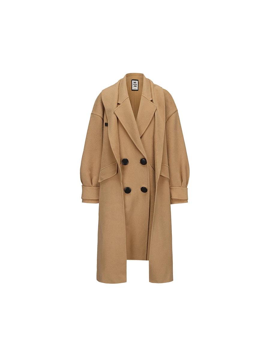WEANCHEAM Wool Long Coat for Women | Oversized Layered Lapel (Camel / Charcoal Gray)