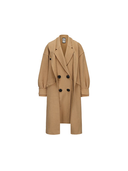 WEANCHEAM Wool Long Coat for Women | Oversized Layered Lapel (Camel / Charcoal Gray)