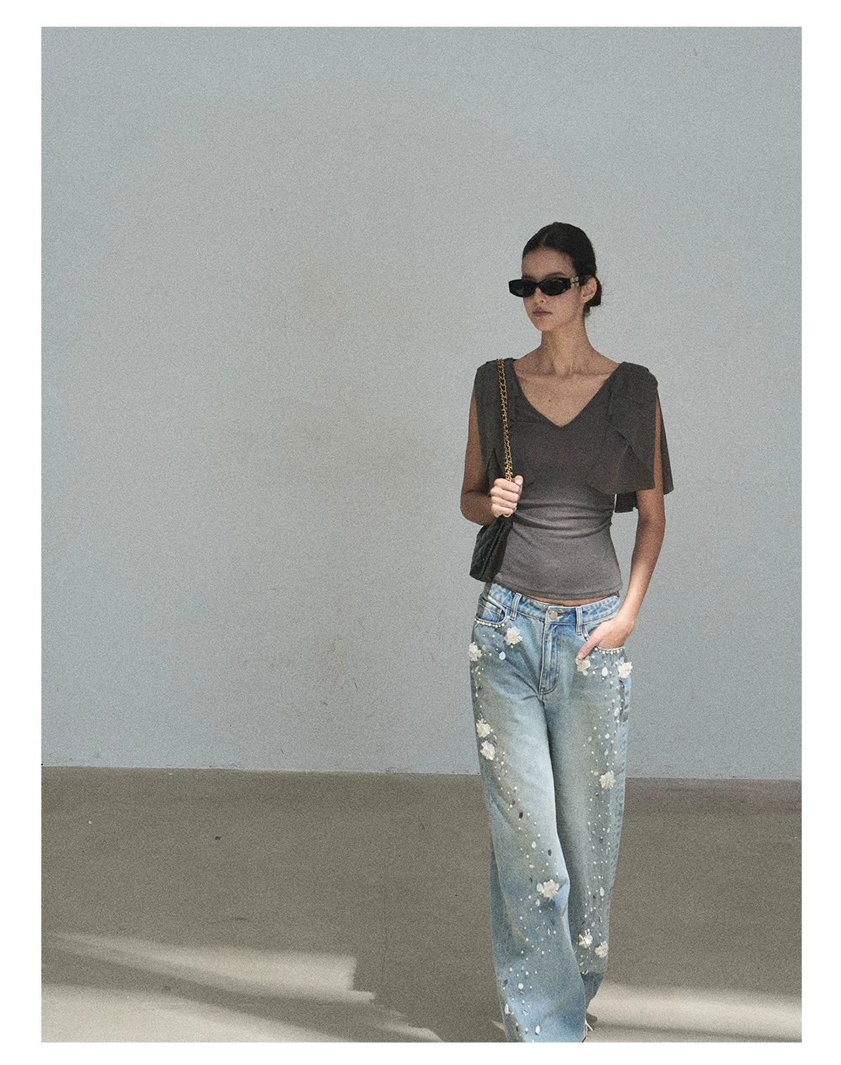 "Where Clouds Fall" Ruffle Sleeve V-Neck Crop Top (Forest Green/ Sage Gray/ Misty Blue/ Cinnamon Pink)