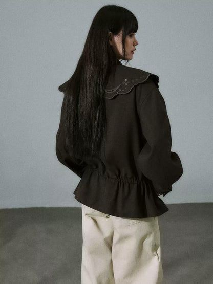LOST FOREST - Deep Brown Embroidered Collar Lyocell-Wool Jacket