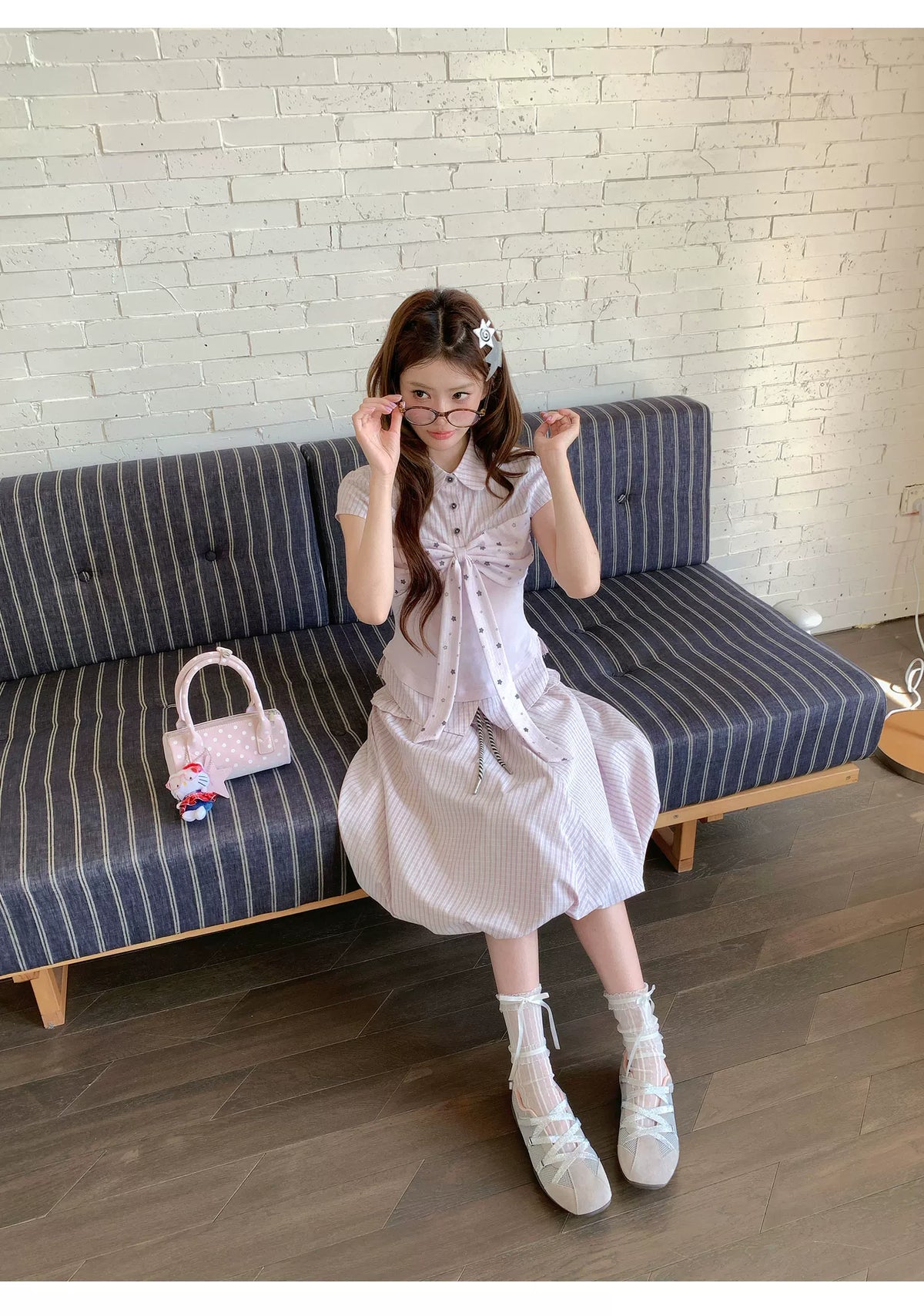 [RF] “Milk Taro Fizz” Soft Purple Striped Blouse & Bloom Skirt Set (Light Blue / Lavender)