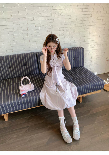 [RF] “Milk Taro Fizz” Soft Purple Striped Blouse & Bloom Skirt Set (Light Blue / Lavender)
