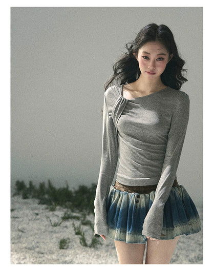 “Skin Mood” Cloud Mist Gray Ruched Asymmetrical Top
