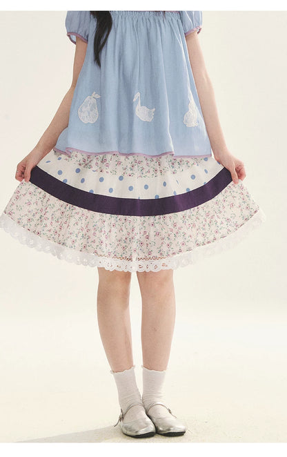 "Moonlight Grape" Vintage Floral Polka Dot Lace A-Line Skirt