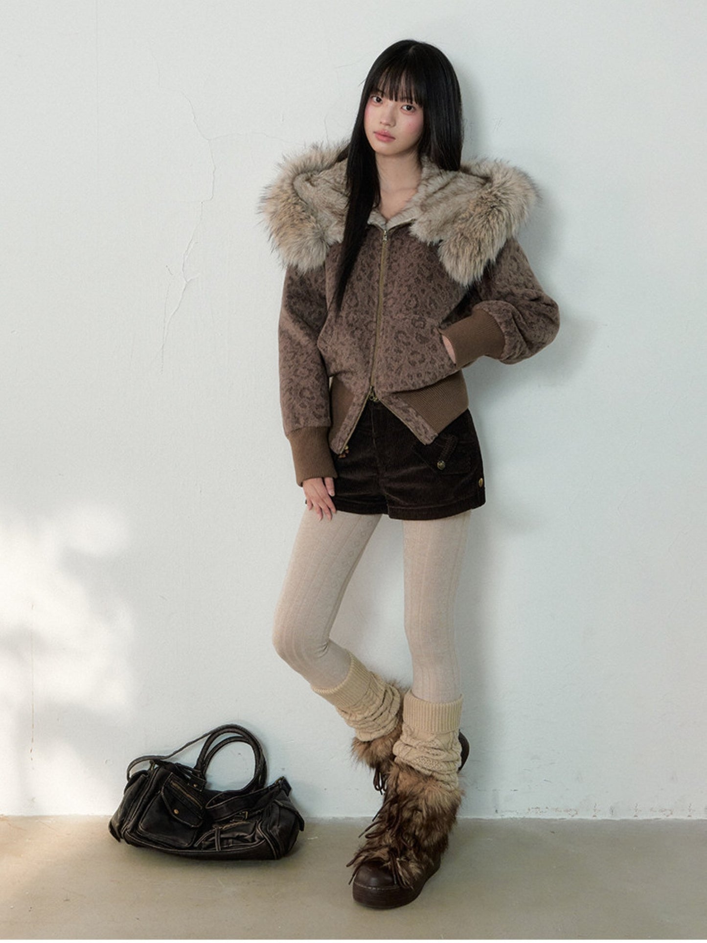 Soote Season - Vintage Leopard Wool Hooded Jacket with Faux Fur Collar – Brown Leopard