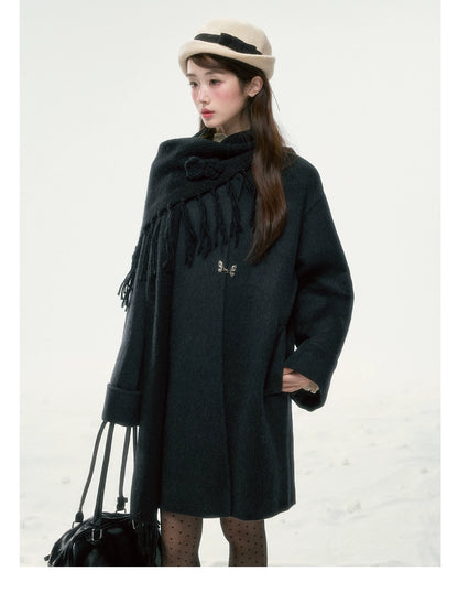 BIBIBENCY - Black Wool-Blend Coat with Detachable Scarf Collar
