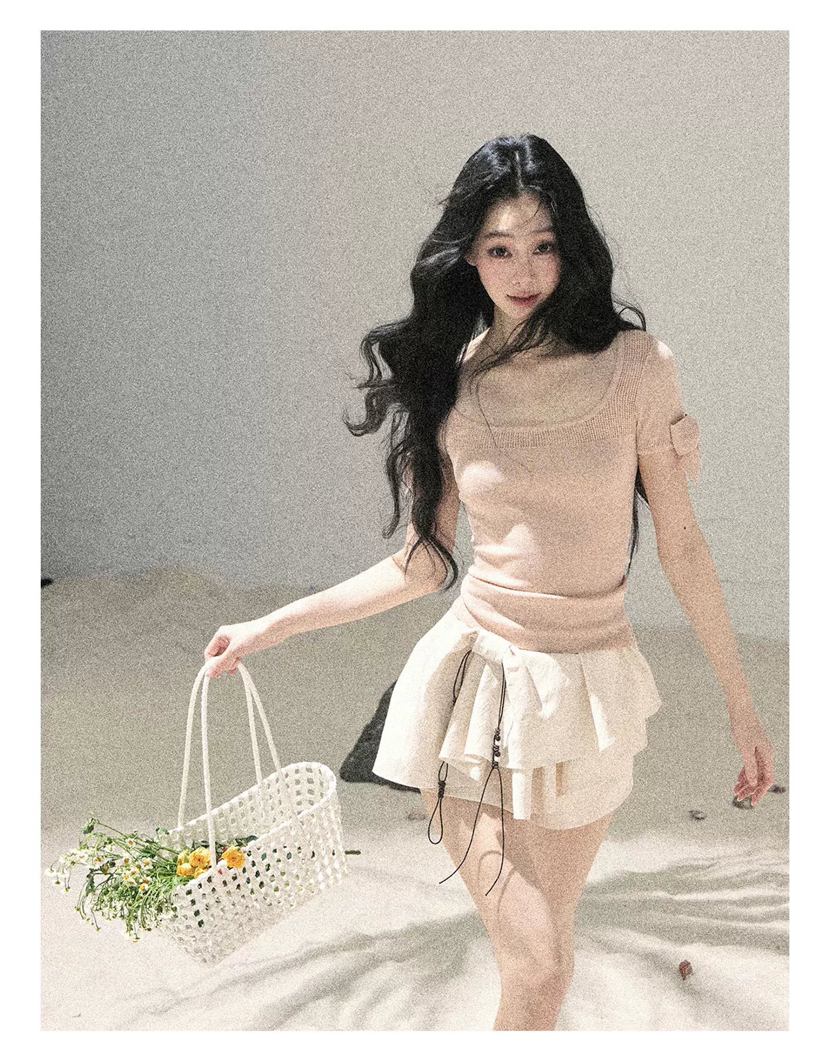 "Gentle Ocean Tide" Baby Pink Cutout Knit Crop Top 75511