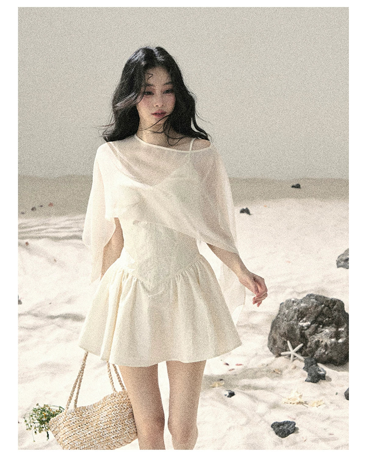 "Veiled in Mist" Cream Apricot Puff Mini Dress & Chiffon Shawl Set 5348