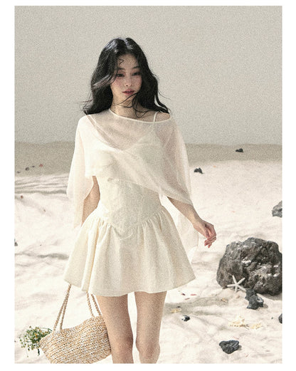 "Veiled in Mist" Cream Apricot Puff Mini Dress & Chiffon Shawl Set 5348