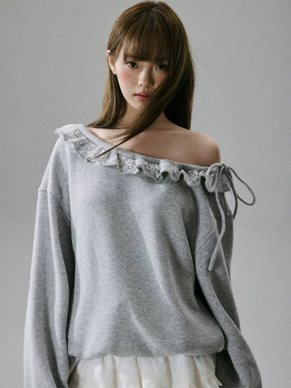 LOST FOREST - Heather Gray One-Shoulder Eyelash Lace Cotton Sweatshirt
