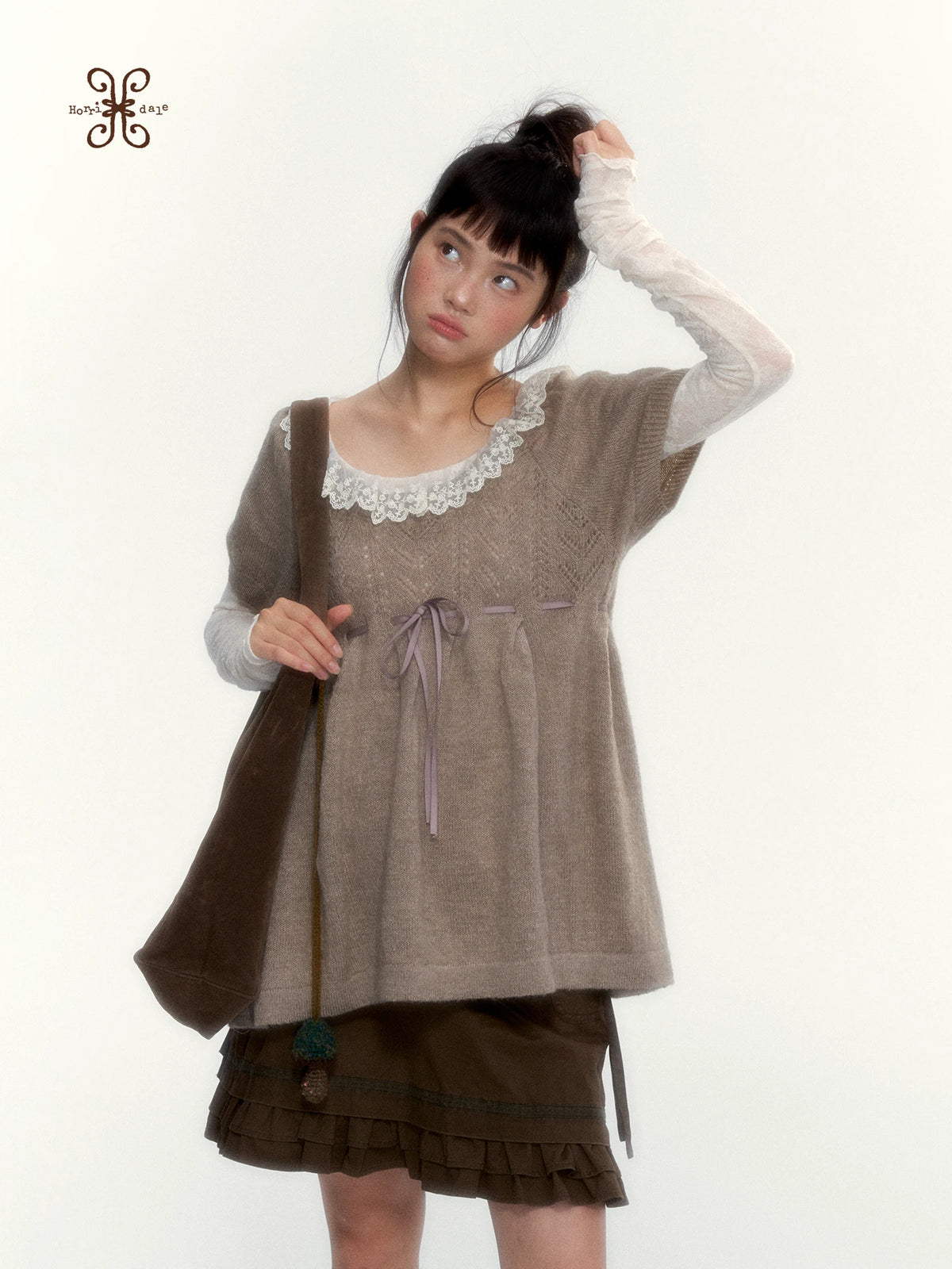 “Cloud Pleats” Chestnut Mist U-Neck Bow-Tie Puff Sleeve Knit Sweater