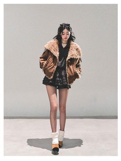 少也眼 "Velveted Winter" Cozy Shearling Fleece Jacket - Coffee Brown