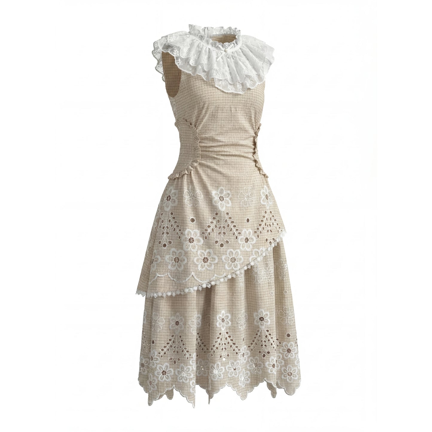 “Tea Garden Reverie” Light Apricot Plaid Embroidered Dress