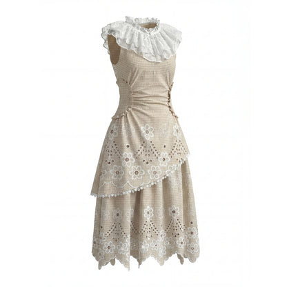 “Tea Garden Reverie” Light Apricot Plaid Embroidered Dress