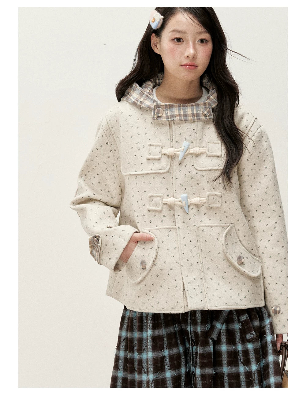 [RF] Floral Heather Beige Apricot Plaid-Trim Hooded Duffle Coat