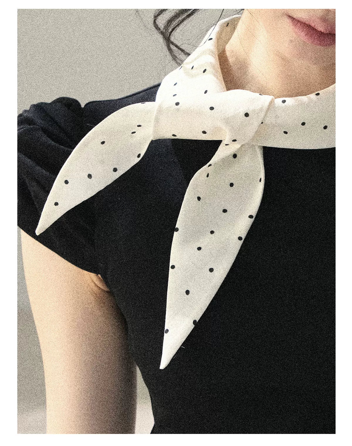 "Flowing Starlight" Tranquil Black Polka Dot Bow Puff Sleeve Top 536434545