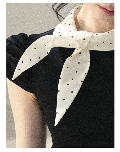 "Flowing Starlight" Tranquil Black Polka Dot Bow Puff Sleeve Top 536434545