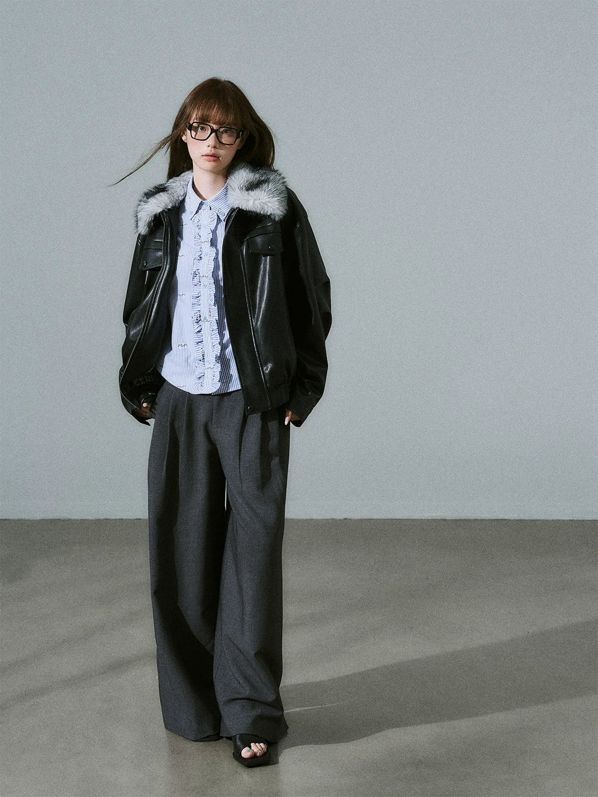 LOST FOREST - Black Faux Leather Moto Jacket with Plaid Wool Collar
