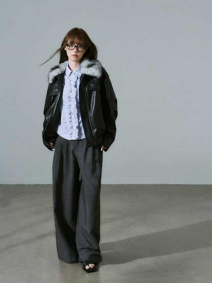 LOST FOREST - Black Faux Leather Moto Jacket with Plaid Wool Collar