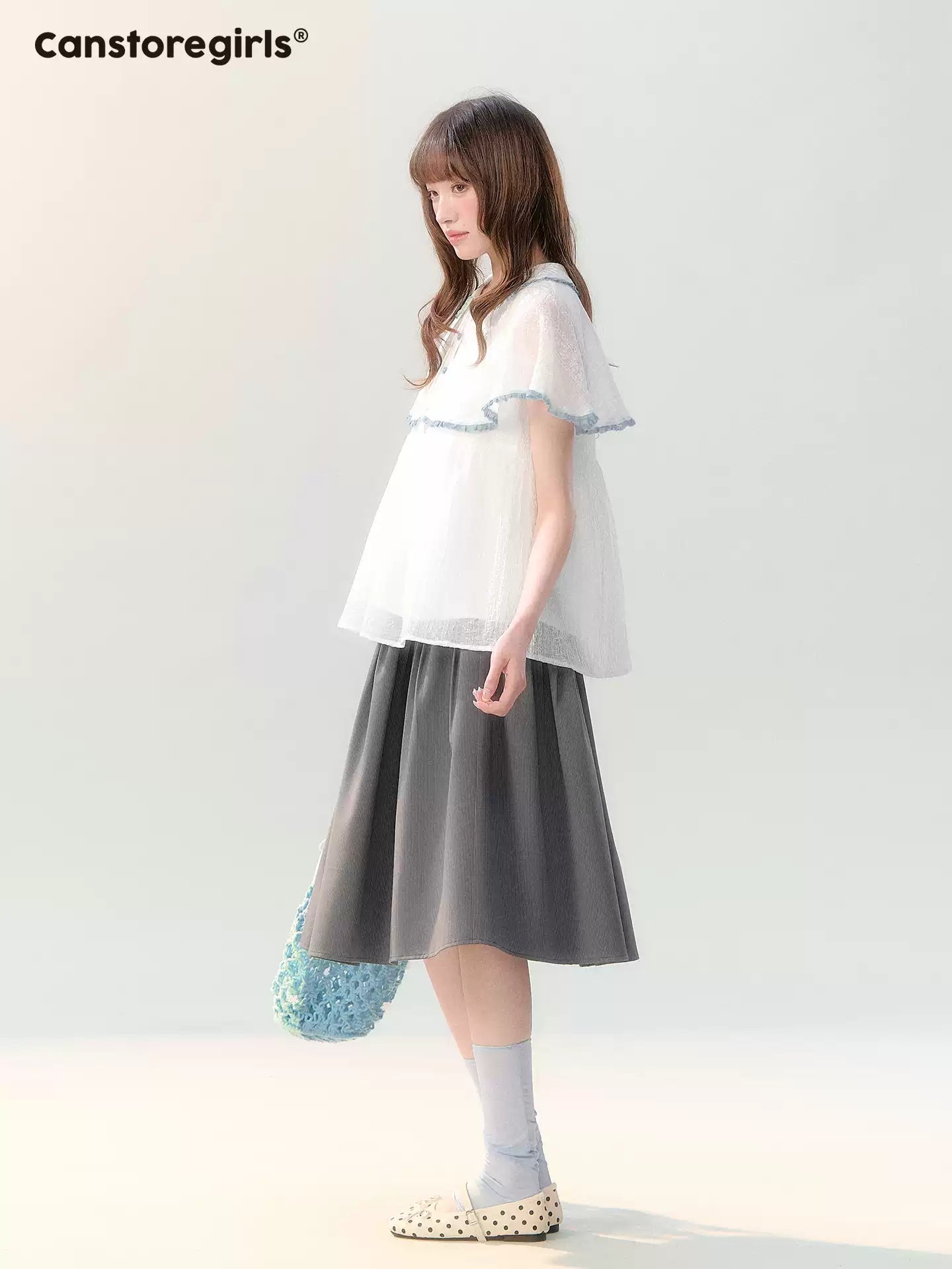 "Cloudside Letter" White Cape Collar Babydoll Blouse LL2026218