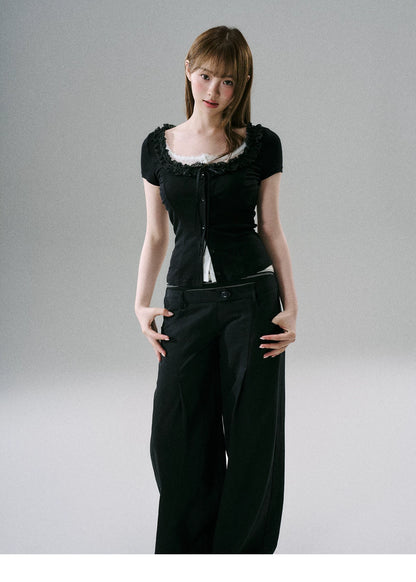 LOST FOREST - Faux-Layered Lace Short-Sleeve Top (Gray White / Black White)